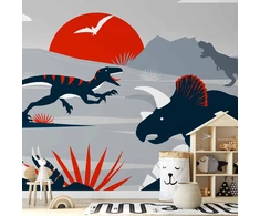Fototapetai - Paskutiniai dinozaurai raudoname abstrakčiame peizaže