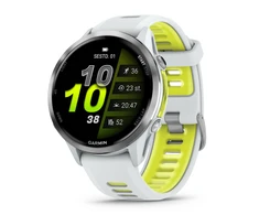 Išmanusis laikrodis Garmin Forerunner 970, su titano ir baltojo akmens korpusu bei baltojo akmens / permatomu ryškiai geltonu dirželiu