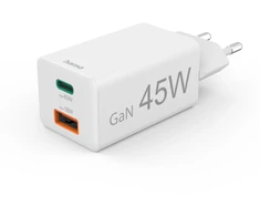 Hama mini GaN 45W PD/QC 1x USB-C, 1x USB-A balta