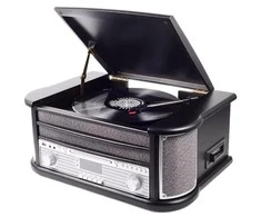 Muzikinis centras Medinis retro muzikos centras Denver MRD-51 su juodu patefonu