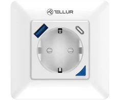 „Tellur“ išmanusis WiFi sieninis kištukas 3600 W 16 A, PD20 W, USB 18 W, energijos rodmuo, baltas