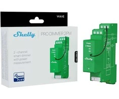 „Shelly Wave Pro Dimmer 2PM“ – belaidis Z-Wave apšvietimo reguliatorius, 2 kanalai, skirtas LED ir halogeninėms lempoms, montuojamas ant DIN bėgelio