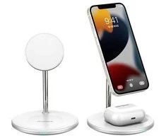 Belaidis įkroviklis CHOETECH, 15W, 2in1, magnetinis, baltas su stovu