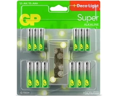 GP Battery Baterijos - GP AA LR6 Baterijų 12 Vnt. + AAA LR03 Baterijų 12 Vnt. Su 2 m LED Girlianda