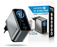 Įkroviklis - everActive SC-670Q Pro 67W 1xUSB-A 2xUSB-C LCD Ekranas Juodas