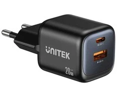 UNITEK 2x GAN 20W mains charger, juodas
