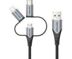 „Vention“ USB 2.0 A tipo kištukas į 3 viename „Micro-B“, USB-C ir „Lightning“ tipo kištuką, 1 m, pilkas, aliuminio lydinio tipas