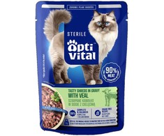 Kačių maistas - OptiVital drėgnas kačių maistas su veršiena, begrūdis, 85g