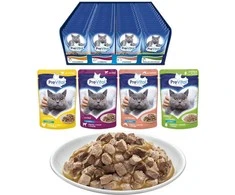 PREVITAL Cat Food Mix 4 skonių vištiena, veršiena, lašiša, paukštiena – šlapias kačių maistas – 96 x 100 g