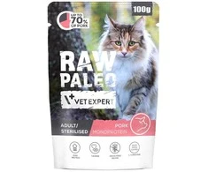 Kačių Maistas - VetExpert Raw Paleo Suaugusiųjų Sterilizuotų Kiaulienos Drėgnas 100g