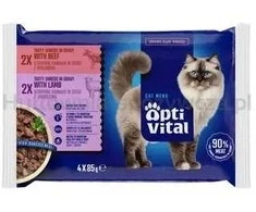Katės maistas - OptiVital ėrienos ir jautienos maišeliai (drėgnas maistas, 4x85g)