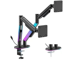 Monitoriaus stovas - HiSmart dviejų monitorių dujinių spyruoklių laikiklis 17–35", su RGB apšvietimu, juodas