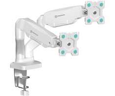 ONKRON G-160-W Pasukamas ir pakreipiamas stalo laikiklis dviem 13-32 colių monitoriams, maks. 8kg, su sukimosi funkcija, baltas