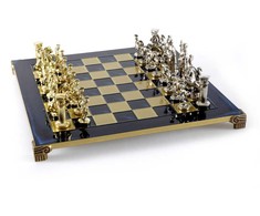 Šachmatų Rinkinys - Manopoulos Graikų Romėnų Metalinis su 44cm Lenta, Medinė Dėžė, Mėlyna
