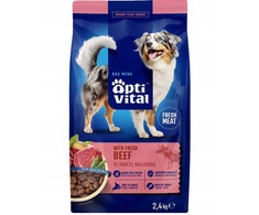 Šunų maistas - OptiVital su šviežia jautiena sausi šunų ėdalas 2.4kg be glitimo