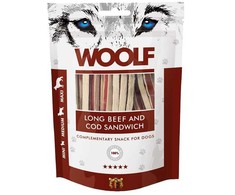 WOOLF jautienos ir menkės sumuštinis su ilgu mėsa - šunų skanėstas - 100 g