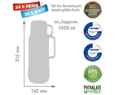 ROTPUNKT Stiklinis termosas, talpa 1,0 l, blizganti lapė (raudona)