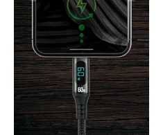 USB-C Įkrovimo Kabelis - everActive CBB-2PDL 60W, 480 MB/s, Integruotas Ekranas Juodas 2.0m