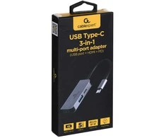 GEMBIRD A-CM-COMBO3-02 Multi Port Adapteris USB type C 3in1 USB port + HDMI + PD sidabrinis