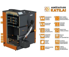 Aukstaitijos Katilai Granulinis katilas PELLET UNI 26 kW su rotac. 26 kW degikliu, sraigtu, 350 l met. bunkeriu