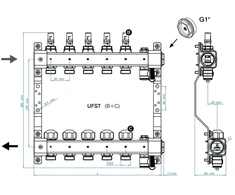Grindinio šildymo kolekt. su debit., pav.vožtuvais, nuor. ir dren. vent. KAN-therm InoxFlow UFST-11; žiedų sk. 11; ilgis