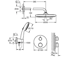Grohe Potinkinė termostatinė dušo sistema Grohtherm Tempesta 250 dušo galva, be potinkinės d (35604000 užs.papildomai), chromo