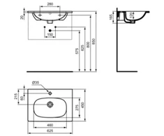 Praustuvas Ideal Standard Tesi montuojamas ant spintelės 63 cm (625 x 450 x 165), balta spalva