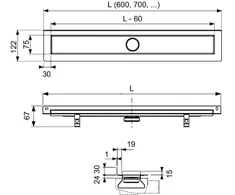 TECElinus dušo latako komplektas su dvipusėmis grotelėmis steel/plate , su užlenktu flanšu 800mm