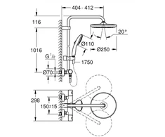 Termostatinė dušo sistema Grohe Tempesta System 250 (galva Ø250, 2`jų srovių rankinis dušas, 8 l/min), juoda matinė