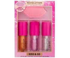 Revolution Make Up Makeup Revolution London Kiss &amp; Go Lip Oil Set Lip Oil rinkinys moterims (Lip Oil Honey 4,5 ml+ Lip Oil Peach Rožinė 4,5 ml+ Lip Oil Watermelon 4,5 ml + Lūpų pilingas )
