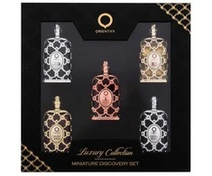 Orientica Luxury Collection EDP rinkinys unisex (EDP Royal Amber 7,5 ml + EDP Royal Bleu 7,5 ml + EDP Velvet Gold 7,5 ml + EDP Oud Safron 7,5 ml + EDP Amber Rouge 7,5 ml)