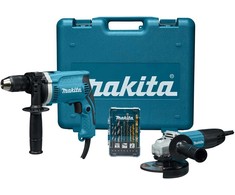 Makita DK0050X1 smūginis gręžtuvas HP1631 + kampinis šlifuoklis GA5030R, grąžtų + šlifavimo diskai, lagaminas