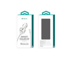 Įkroviklis automobilinis Devia Smart MFI su 2 USB jungtimis (2.4A) + MFI Lightning baltas