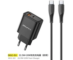 Įkroviklis Awei PD81C-EU 22.5W USB-A/USB-C + USB-C to USB-C cable 1.0m juodas