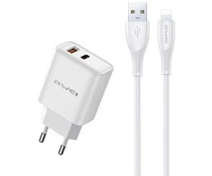 Įkroviklis Awei PD81L-EU 22.5W USB-A/USB-C + USB į Lightning laidas 1.0m baltas