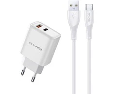 Įkroviklis Awei PD81T-EU 22.5W USB-A/USB-C + USB-A į USB-C laidas 1.0m baltas