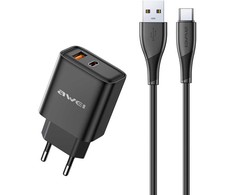 Įkroviklis Awei PD81T-EU 22.5W USB-A/USB-C + USB-A to USB-C cable 1.0m juodas