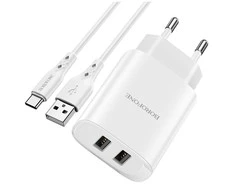 Įkroviklis Borofone BN2 2xUSB 2.1A + USB Type-C, baltas