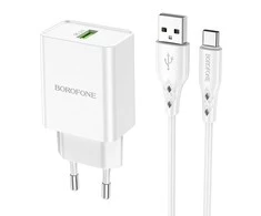 Įkroviklis Borofone BN5 18W USB-A + USB-A to USB-C cable 1.0m baltas