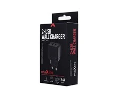 Įkroviklis buitinis Maxlife MXTC-02 su dviem USB jungtimis FastCharging (2.4A) juodas