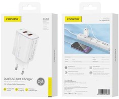 FONENG wall charger EU63 2.4A 12W 2xUSB Baltas