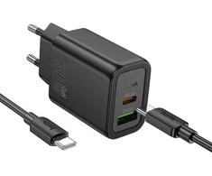 Įkroviklis Hoco N63 30W GaN USB-C/USB-A + USB-C to USB-C cable 1.0m juodas