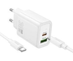 Įkroviklis Hoco N63 30W GaN USB-C/USB-A + USB-C to USB-C cable 1.0m baltas