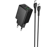 Įkroviklis Hoco N71 30W GaN USB-C/USB-A + USB-C to USB-C cable 1.0m juodas