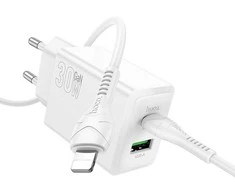 Įkroviklis Hoco N71 30W GaN USB-C/USB-A + USB-C to Lightning cable 1.0m baltas