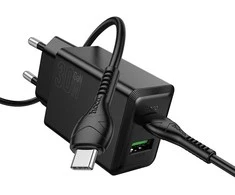 Įkroviklis Hoco N71 30W GaN USB-C/USB-A + USB-C to USB-C cable 1.0m juodas