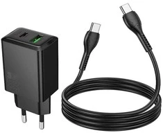 Įkroviklis Hoco N71 30W GaN USB-C/USB-A + USB-C to USB-C cable 1.0m juodas