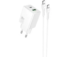 Įkroviklis Hoco N71 30W GaN USB-C/USB-A + USB-C to USB-C cable 1.0m baltas