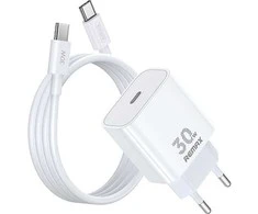 Įkroviklis Remax RP-U71 30W GaN USB-C + USB-C to USB-C cable 1.0m baltas