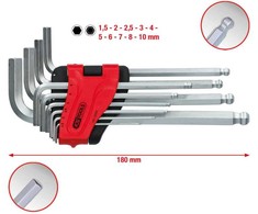 L-raktų šešiakampių komplektas 1,5-10mm, 10vnt, ilgi, KS Tools